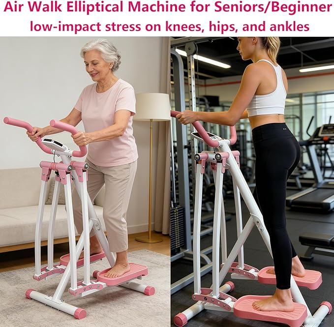 Air Walker Elliptical Exercise Machine for Home Office, Training Machines w/LCD Monitor/Device Holder, Foldable Cardio Exercise Machine for Beginners Seniors, Full Body Fitness Equipment 300LBS, Pink