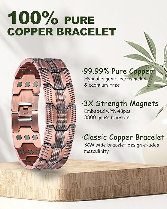 MagEnergy Copper Bracelet for Men, 3X Strength Magnetic Bracelet with 99.99% Pure Copper Ring & 3500 Gauss Magnets, Adjustable Length with Sizing Tool
