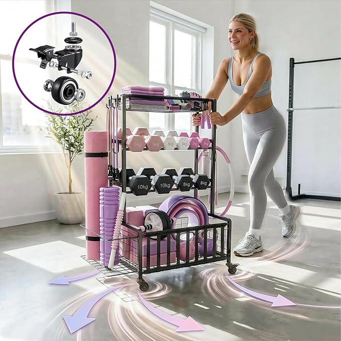 Dumbbell Rack, Adjustable Weight Rack for Home Gym, Heavy-Duty Workout Storage Organizer for Dumbbells Kettlebells Yoga Mat and Balls, Exercise Equipment Holder with Wheels & Hooks