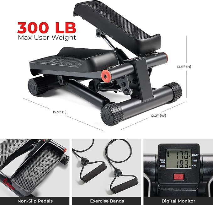 Sunny Health & Fitness Mini Steppers for Exercise at Home, Stair Step Workout Machine with Optional Resistance Bands, Full Body Cardio Equipment, Optional Free SunnyFit App Connection Smart Stepper