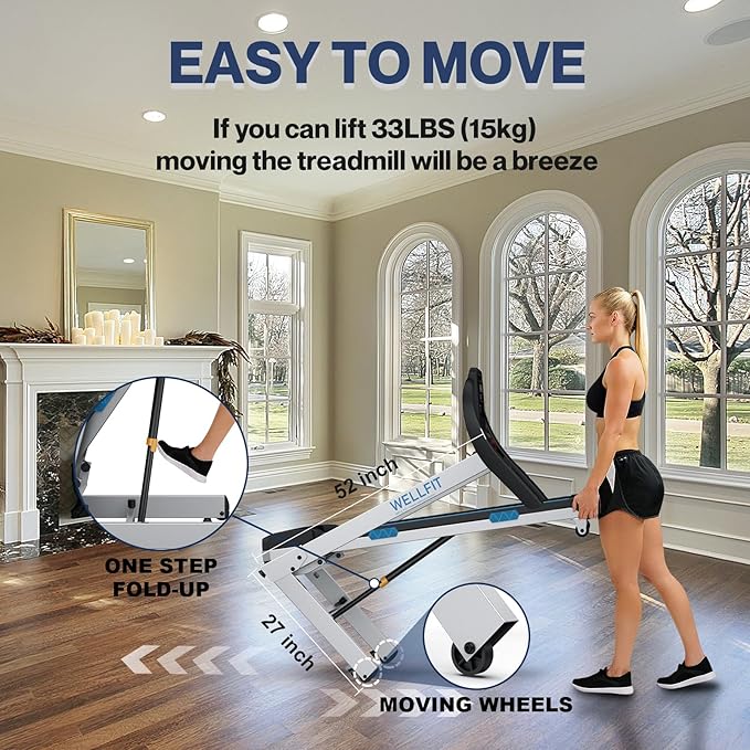 WELLFIT Folding Treadmills with Incline, Under Desk Walking Pad, Treadmill for Home Office with Handle Bar, 4 in 1 Smart Treadmill Work with KINOMAP Easy Move Upright Place, Manual Auto Incline Option