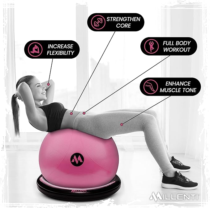 Millenti Exercise Ball Chair 65cm - Yoga Ball Chair Stability Base Ring Kit & Fitness Resistance Bands For Home, Gym Bundle, Pilates Ball, Office Chair, Birthing Ball For Pregnancy - With Workout Chart