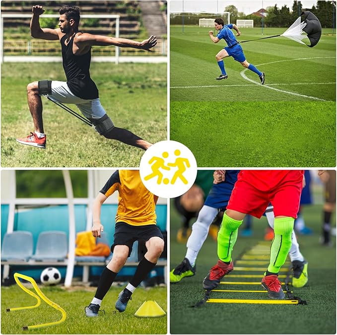 Agility Training Equipment, Football Training Equipment Includes 20FT Agility Ladder,4 Adjustable Agility Hurdles, 12 Football Cones, Parachute, for Training Soccer Basketball Athletes