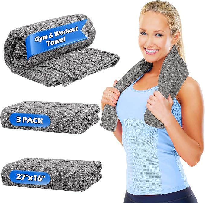 HOMERHYME Microfiber Gym Towels, 3 Pack Grey Sweat Towels, 16 x 27 Inch Quick Dry Hand Towels, Absorbent Yoga Towels for Home Gym Bag, Beach Travel Sport Towel, Workout Equipment for Men & Women