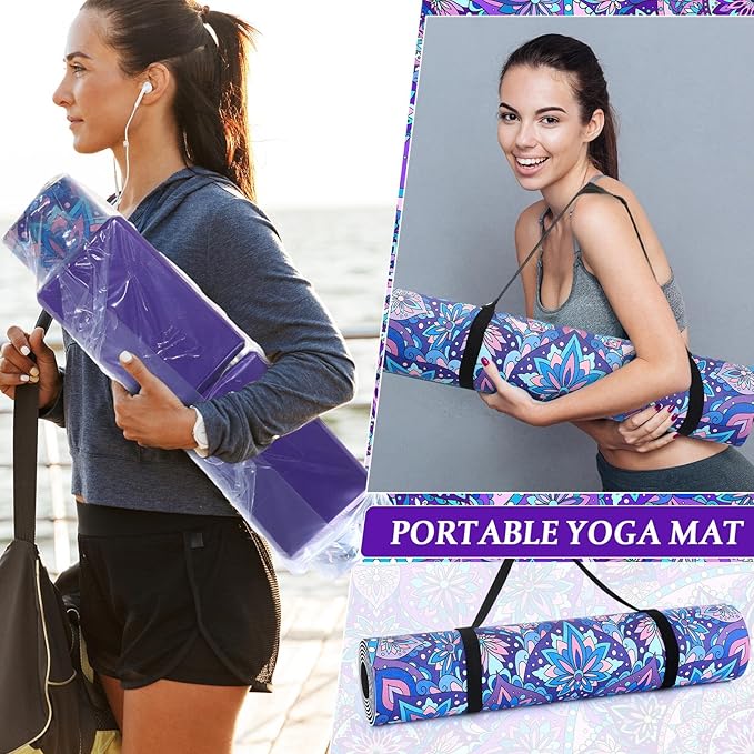 Tinideya 3 Pcs Yoga Mat Yoga Block with Carrying Strap Non Slip Yoga Mat Travel Yoga Mat for Exercise, Yoga, Fitness, Pilates, Floor Workouts, purple