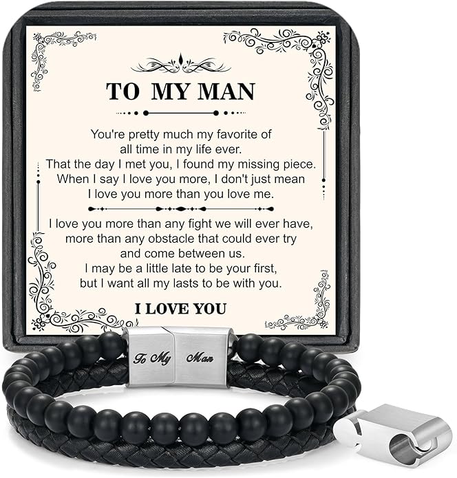 LUXEJEW Gifts for Men - Beaded Leather Bracelet 6mm Matte Agate Stone Bracelets for Men Dad Son Husband Boyfriend Grandpa Grandson Brother Uncle Nephew Adjustable Magnetic Clasp