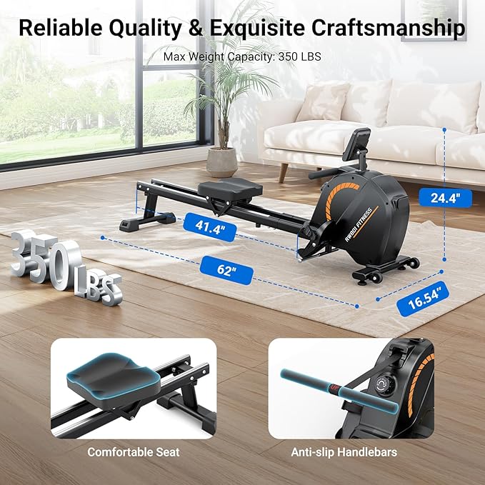 Dripex Rowing Machines for Home, Upgraded Rowing Machine Max 350 LBS, Magnetic Rower with 16 Levels of Workout Resistance, Dual Slide Rail, App Supported, LCD Monitor, Row Machine for Gym Exercise