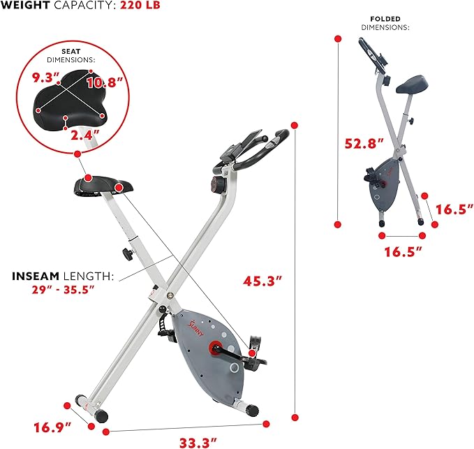 Sunny Health & Fitness Exercise Bike w/Pulse Sensors & Adjustable Cushion Seat, Home Cardio Training Machine for Adults/Seniors' Indoor Cycling Workout, Optional Compact Foldable or Electro-Magnetic