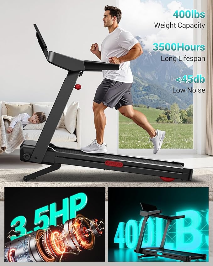 UMAY Incline Treadmill with 2-20% Auto Incline, 400LB Capacity Foldable Treadmills for Home with-Handle Height Adjustable, 42.5"×16.2" Extra-Wide Running Surface, 3.5HP 0.6-8.7MPH Running Machine