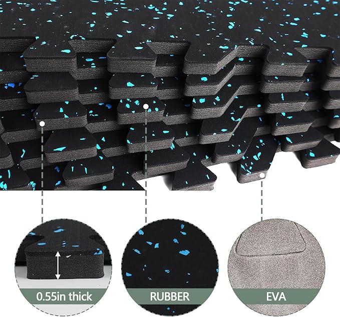 Interlocking Rubber Gym Mats 48 Sq Ft Heavy Duty Exercise Flooring for Home Gym, Weightlifting, Yoga, Playroom - Dual-Layer Non-Slip Noise Reducing Floor Protection Tiles