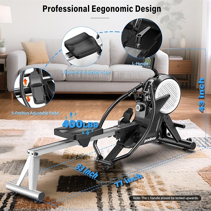 pooboo Rowing Machines for Home, Dual Wind & Magnetic Resistance, Foldable Row Machine 400 LB Weight Capacity, 14 Levels Resistance Quiet Rowers for at Home Exercise, App Supported