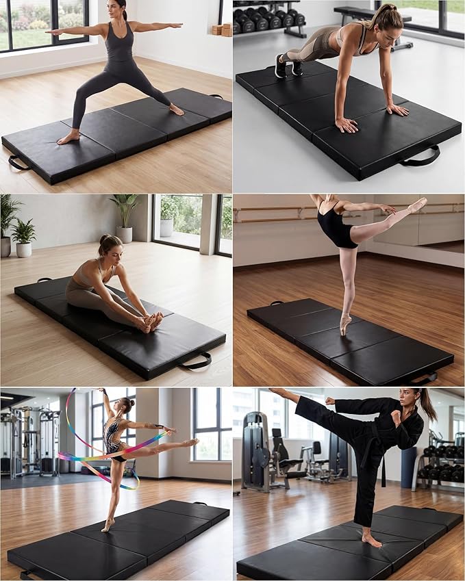 GarveeLife 6x2Ft Folding Gymnastics Mat, Exercise Mats & Gymnastics Tumbling Mats, Thick Portable Home Gym Floor Pad for Yoga, Pilates, Aerobics & Martial Arts Training, Four Pads Folding design