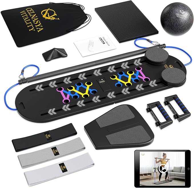Pilates Reformer Board, 7-in-1 Foldable Pilates Board Kit with Timer, Guided Home Workouts w Resistance Bands & Ball - at Home Pilate Reformer AB Core Machine, Exercise Fitness Slider Equipment