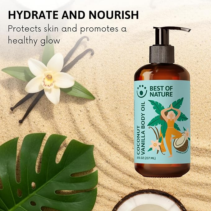 Best of Nature Coconut Vanilla Massage Oil – Lightweight Body Oil for Smooth, Silky Skin, Soft Coconut Vanilla Scent, Ideal for At-Home Massage & Daily Moisturizing, 8 fl oz