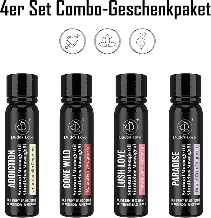Organic Sensual Safe to Lick Body Massage Oils for Couples - Gift Set Romantic Date Night – Non Greasy No-Stain Fractionated Coconut Oil Quick Absorbing Smooth Glide Trial Pack of 4-120 ML/4 Fl Oz