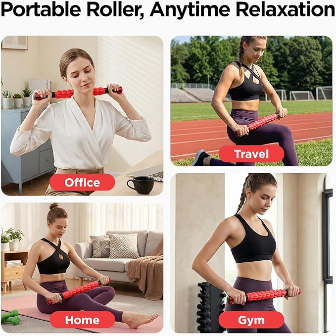 Muscle Roller & Massage Roller Stick for Athletes - Lymphatic Drainage Support, Relieves Muscle Soreness, Cramping & Tightness - Targets Legs, Arms, Back & Calves （Red - 18inch）