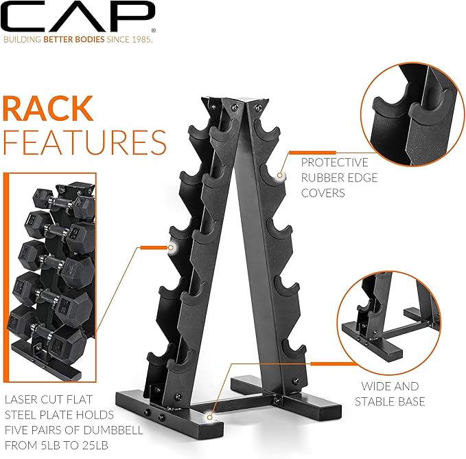 CAP Barbell Rubber Coated Dumbbell Weight Set with Vertical Rack | 100 lb, 150 lb, and 210 lb Options