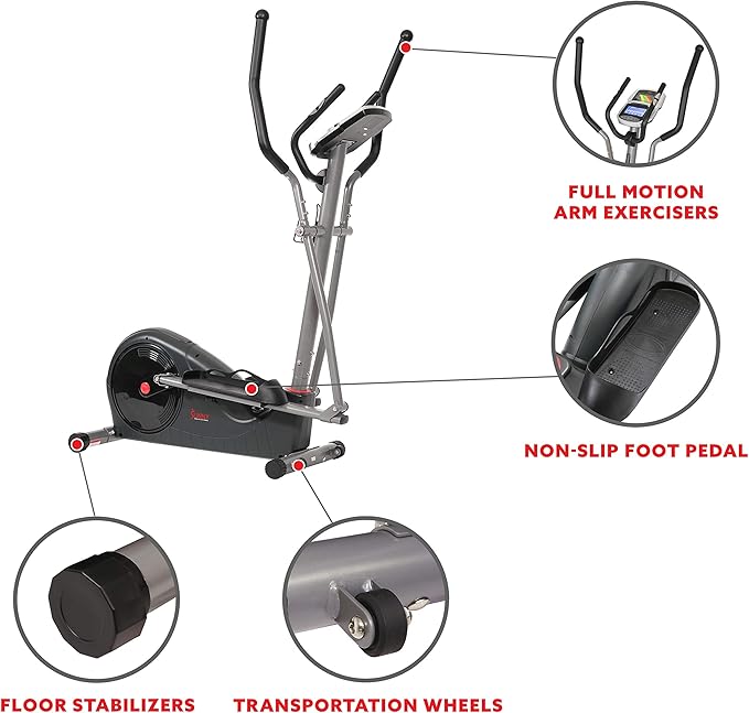 Sunny Health & Fitness Elliptical Exercise Machine, Silent Training, Long Stride Full Body Workout, Adjustable Resistance, Pulse Sensor, SunnyFit App via Bluetooth, Electric or Manual