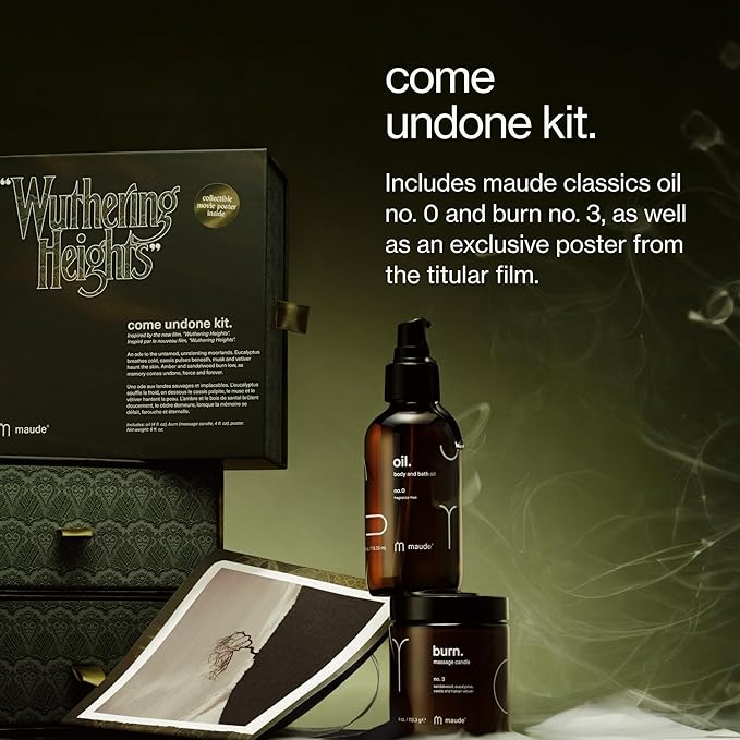 Maude x "WUTHERING HEIGHTS" Come Undone Kit - Limited Edition Two Piece Body Care Gift Set - Fragrance-Free Moisturizing Body Oil & Massage Candle Scented with Eucalyptus & Sandalwood