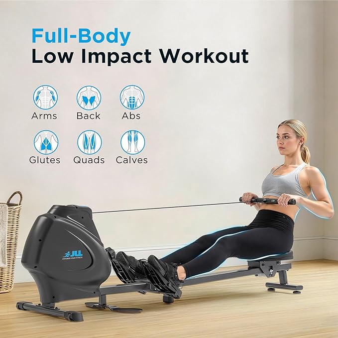 JLL Magnetic Rowing Machine – Foldable Rower for Apartments & Home Gyms, 16 Resistance Levels, Bluetooth with SunnyFit App, Easy-Glide Wheels, Tilt-to-Store Upright Design