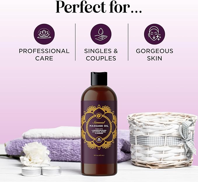 Aromatherapy Sensual Massage Oil for Couples - Relaxing Lavender Massaging Oil for Massage Therapy with Vitamin E Jojoba & Sweet Almond - Naturally Scented Vegan Non GMO & Gluten Free (16 Fl Oz)