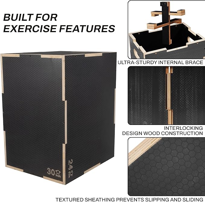Fitvids 3 in 1 Non-Slip Wooden Plyo Box Jump Exercise Platform, Plyometric Workout Equipment for Home Gym, Training Step Box, Black, Multiple Sizes
