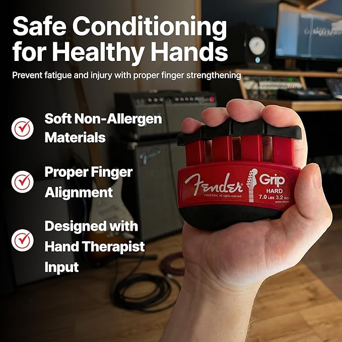 Fender GRIP Hand and Finger Exerciser – Best Ergonomic Finger Strengthener to improve play on all stringed instruments (Guitar, Bass, Violin, etc.) (Tensions: WHITE=5-Lbs; RED=7-Lbs; BLACK=9-Lbs)
