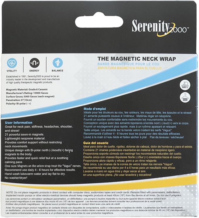 Serenity2000 Magnetic Neck Wrap for Neck, Shoulder Pain, Stiffness, Headaches, Anxiety, Stress – Lightweight, Breathable, Neoprene with Adjustable Velcro Strap, Contains 21 Powerful Magnets