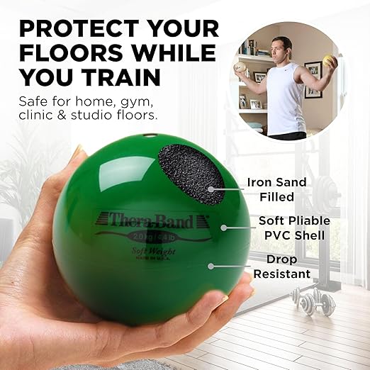 THERABAND Soft Weight, 4.5" Diameter, Weighted Balls for Baseball, Weighted Balls for Softball, Hand Held Ball Shaped Isotonic, Shoulder Strength, Rotator Cuff & Throwing Trainer, Green, 4.4LB
