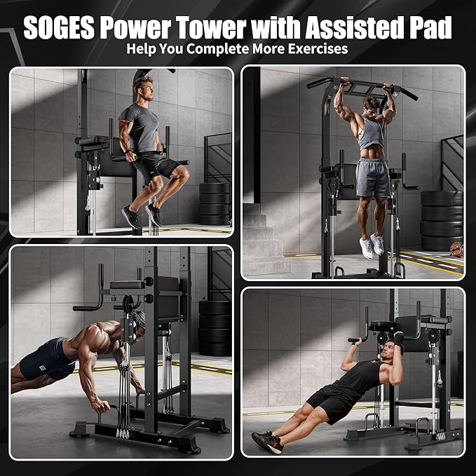 soges Power Tower Dip Station with Assisted Pad, Height Adjustable Pull Up Bar Station for Home Gym, Multi-Function Strength Training Full Body Workout Equipment, 330 Lbs, Black