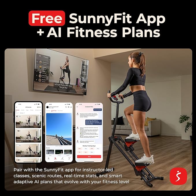 Sunny Health & Fitness Stair Stepper w/Handlebar, Extended Step Range Climber Machine for Legs, Core and Glute Workouts, Connection with Free SunnyFit App