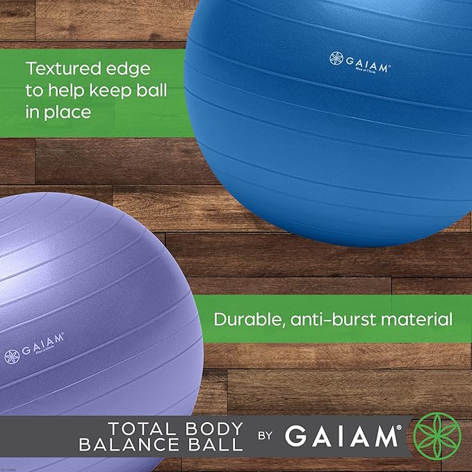 Gaiam Exercise Ball, Total Body Anti-Burst Balance Ball with Textured Grip, For Core Strength, Pregnancy Exercises, Yoga & Active Seating Included Air Pump