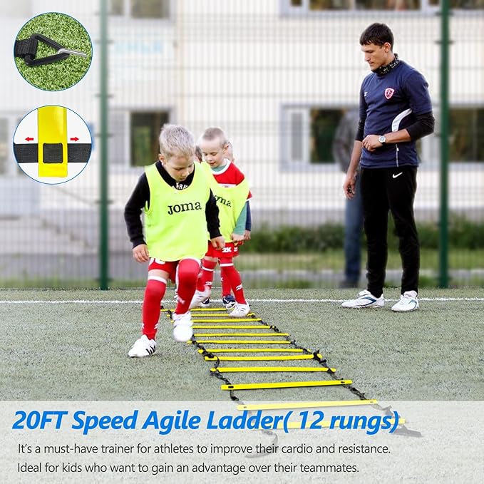 Agility Training Equipment, Football Training Equipment Includes 20FT Agility Ladder,4 Adjustable Agility Hurdles, 12 Football Cones, Parachute, for Training Soccer Basketball Athletes