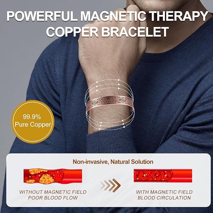Copper Bracelet for Men 99.9% Pure Copper Magnetic Bangle with 6pcs 3500 Gauss Magnets, Copper Magnetic Bracelet for Men