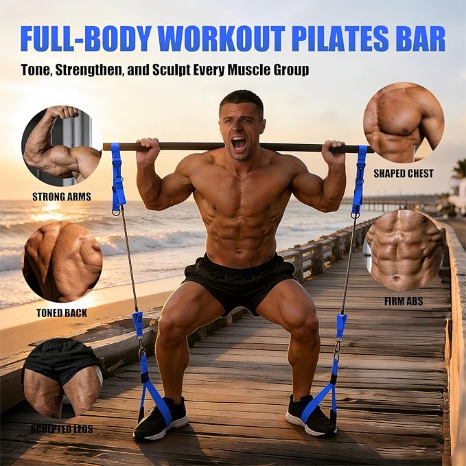 Pilates Bar Kit with Resistance Bands for Men, Heavy Duty Home Gym Equipment for Full Body Workout, Strength Training, Legs, Hips, Arms, Abs, Chest – Portable Pilates Stick