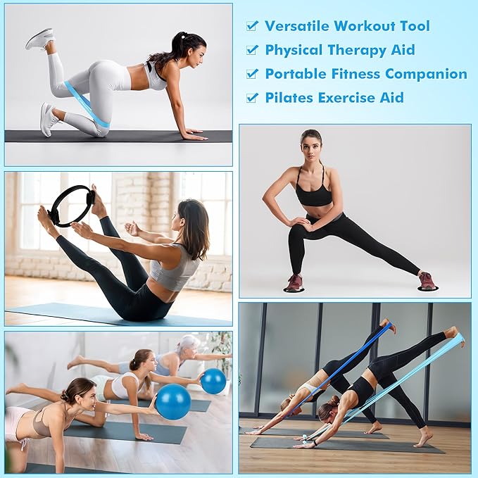 Pilates Ring Set Exercise Equipment, with Exercise Resistance Bands Set, Pilates Ball, Sliding Disks. Portable Home Gym - with Fitness Guide Poster