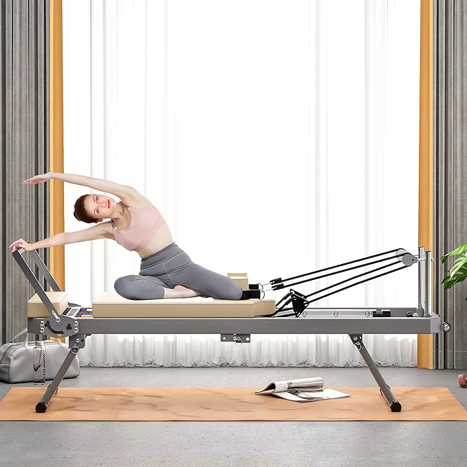 Pilates Reformer Machine for Home Gym, Foldable Pilates Machine Equipment with High Strength Alloy Springs for All Level Users, Up to 330lbs