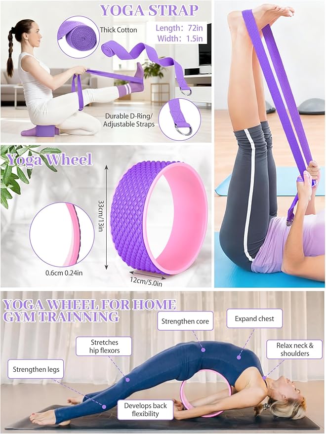 17 Pcs Yoga Essential Kit for Women, Pilates Equipment Starter Set for Beginners with Yoga Wheel Ball Blocks Strap Resistance Bands Wrist Rings Socks Towel & Carry Bag for Home Workouts