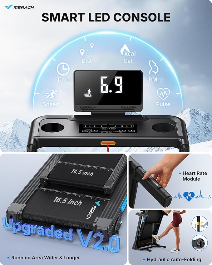 MERACH Incline Treadmill with Incline 6%-15%, 7-Layer Belt 300LBS Capacity Tredmill Foldable Handle Running Treadmills for Home, 0.5-7.5MPH 3.0HP Incline Folding Treadmill LED with APP Threadmill