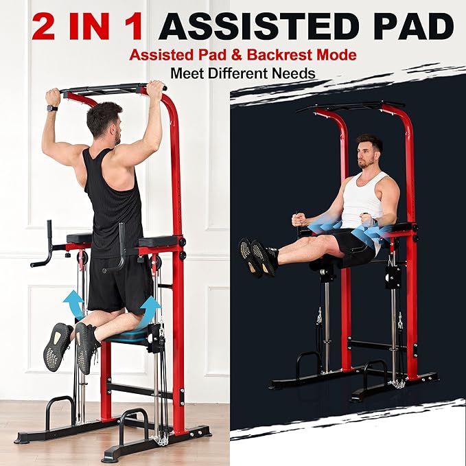 soges Power Tower Dip Station with Assisted Pad, Height Adjustable Pull Up Bar Station for Home Gym, Multi-Function Strength Training Full Body Workout Equipment, 330 Lbs, Red