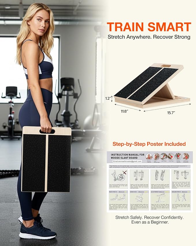 Frylr Portable Wooden Slant Board for Calf Stretching and Exercise, Adjustable Incline Wedge for Squats and Balance, Ankle, Knee and Heel Support, Professional Physical Therapy Equipment,Wood