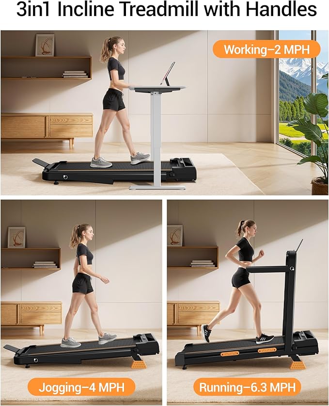 3 in 1 Walking Pad Treadmill with 16% Incline, Folding Treadmill with Handle Bar, Portable Treadmills for Home Small, 330 Lbs Capacity