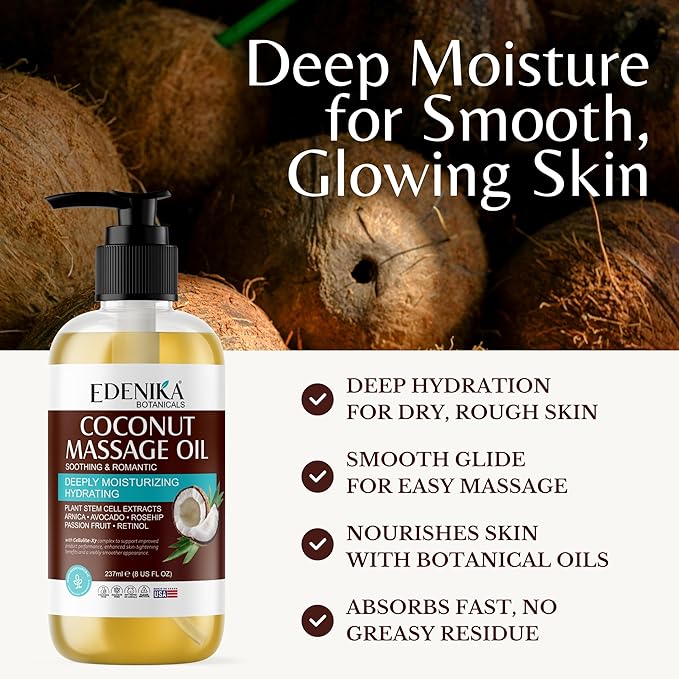 Tropical Coconut Massage Oil for Massage Therapy, Soothing Massage Oil with Coconut & Passion Fruit Oil for Muscle Relaxing, Skin Moisturizing & Hydrating, 8 fl oz