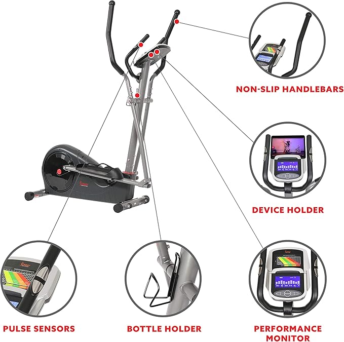 Sunny Health & Fitness Elliptical Exercise Machine, Silent Training, Long Stride Full Body Workout, Adjustable Resistance, Pulse Sensor, SunnyFit App via Bluetooth, Electric or Manual