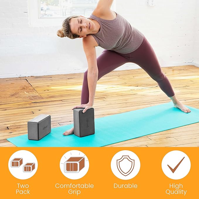 Sol Living Yoga Blocks 2 Pack High Density EVA Foam Yoga Cushion Stretching Pilates Meditation Exercise Equipment Support Deepen Poses Odor Free Non Slip Yoga Accessories - 4" x 6" x 9"- Black