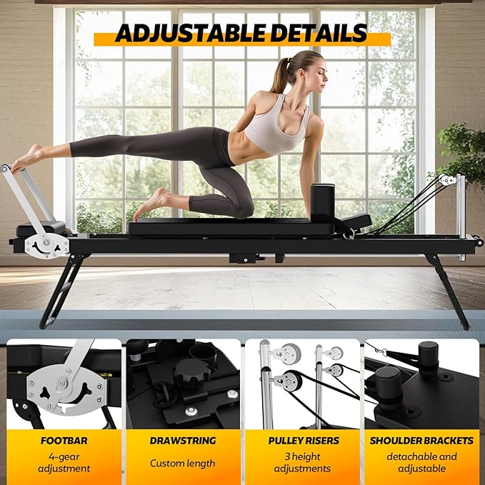 Foldable Pilates Reformer Set with Sitting Box - Portable Home Pilates Machine for Full-Body Workout, Adjustable Resistance, Compact Design, Includes Pilates Sitting Box for Enhanced Exercises