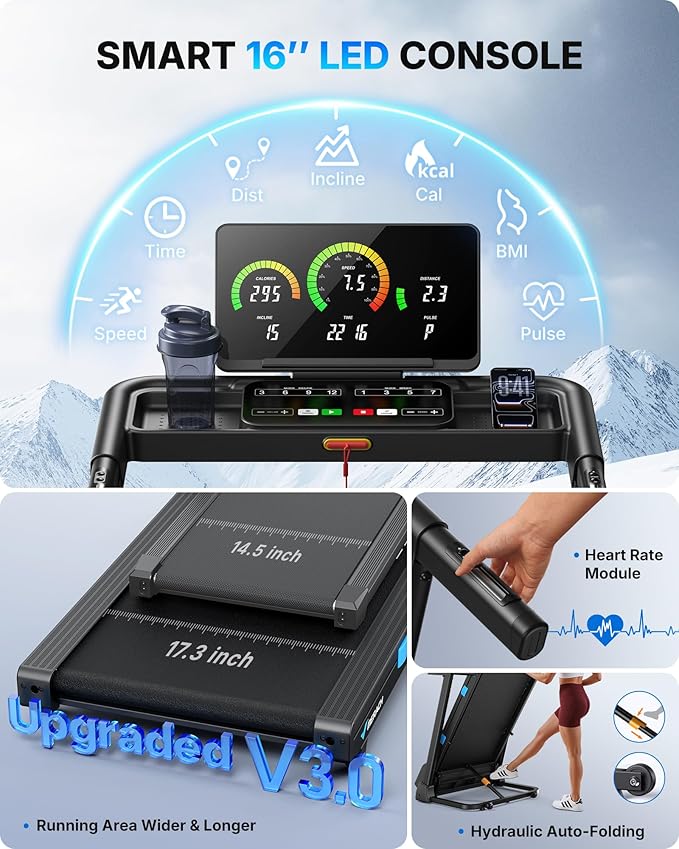 MERACH Incline Treadmill with Incline 6%-15%, 7-Layer Belt 300LBS Capacity Tredmill Foldable Handle Running Treadmills for Home, 0.5-7.5MPH 3.0HP Incline Folding Treadmill LED with APP Threadmill