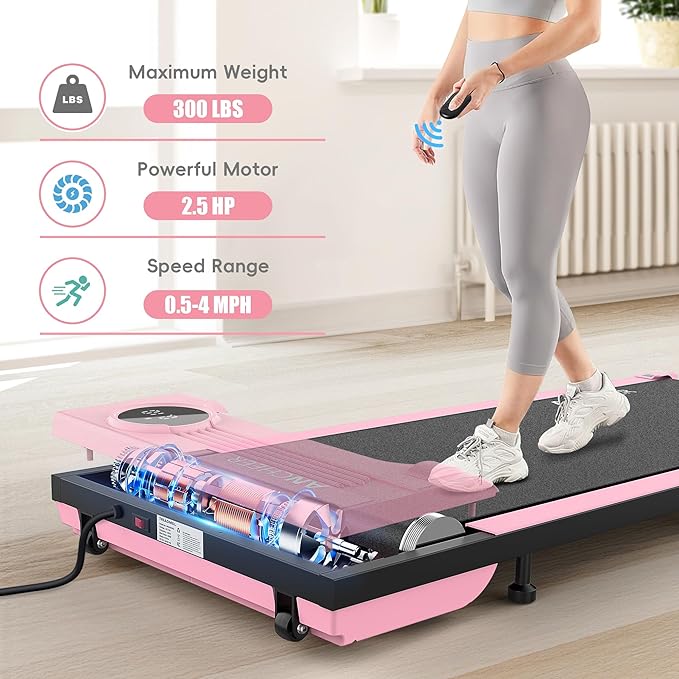 ANCHEER Pink Walking Pad Treadmill - Under Desk Treadmill, 2.5HP Compact Portable Treadmills for Home Small Spaces, Office, Remote Control & LED Display