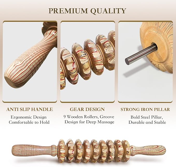 Wood Therapy Massage Roller Stick with Release Myofascial Trigger Points, Massager Tool for Cellulite Reduction, Muscle Tension and Lymphatic Drainage Physical Therapy Recover (Wood Grain)