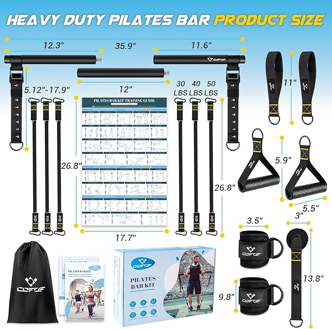 Pilates Bar Kit with Resistance Bands, Multifunctional Metal Exercise Bar with Heavy-Duty Metal Adjustment Buckle, Portable Home Gym Pilates Resistance Bar Kit for Heavy Weight Training Men&Women